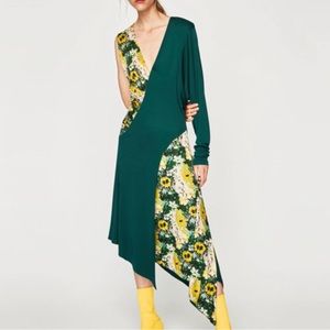NWT Zara Asymmetrical Dress Green Yellow Floral Med/Large. Super flattering